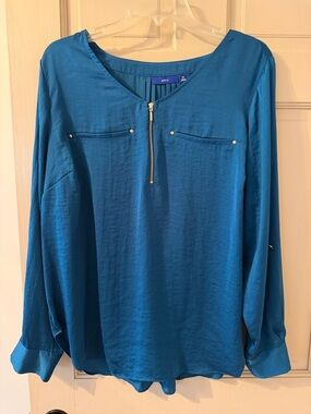 Apt. 9 Blue Teal Zip-Pocket Long Sleeve Blouse
